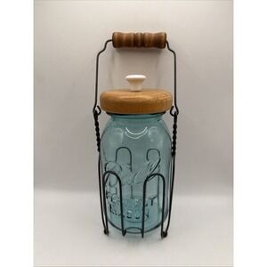 Vtg BALL Perfect Mason Blue Pint Jar #2 w/Wire Cage & Wood Handle 8 in H
